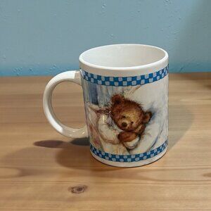 Vintage Teddy Bear Ceramic Mug Blue Checked Border 3" x 4.5" x 3.75"